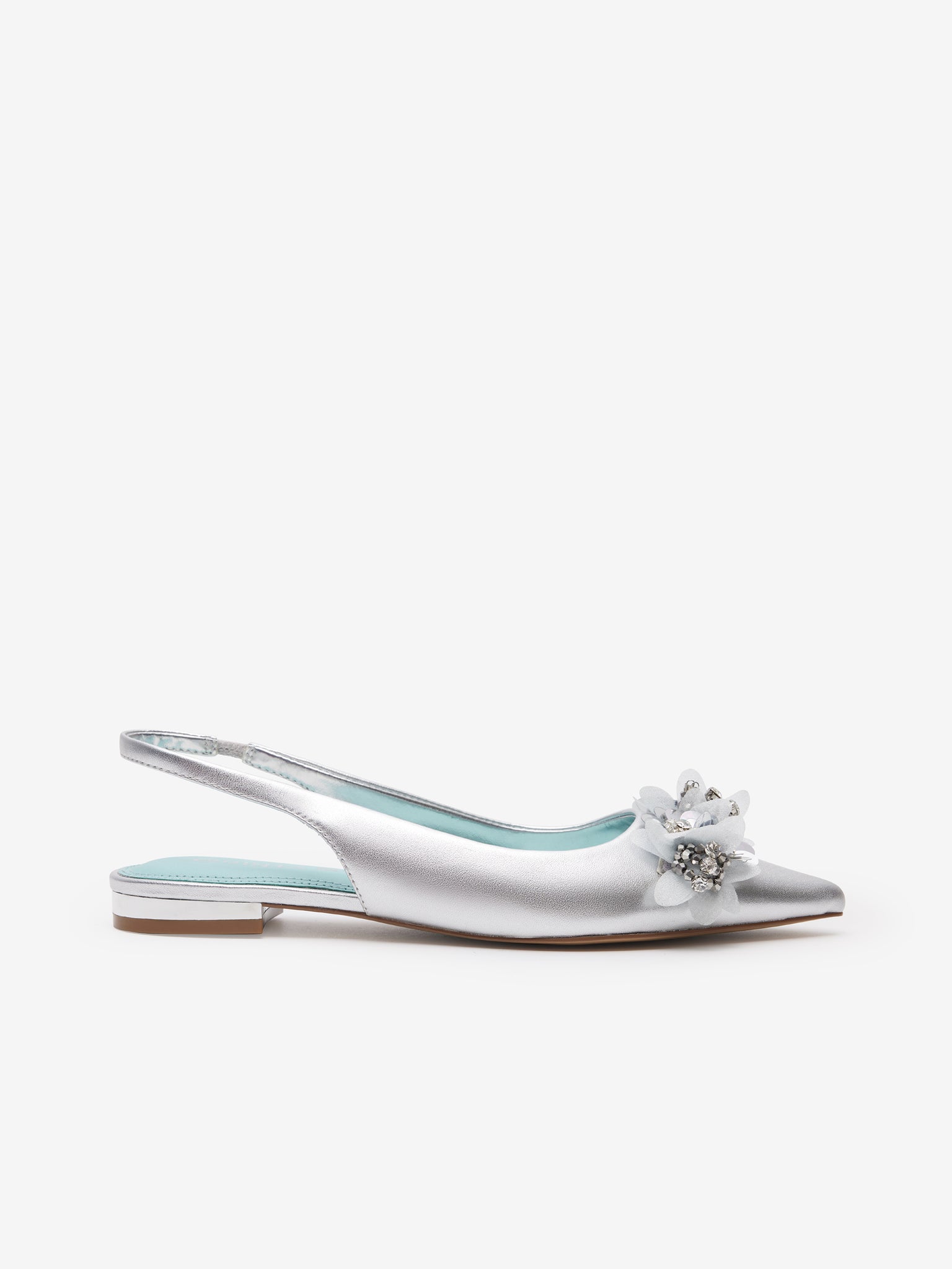 Silver Slingback Flats With Floral Detail