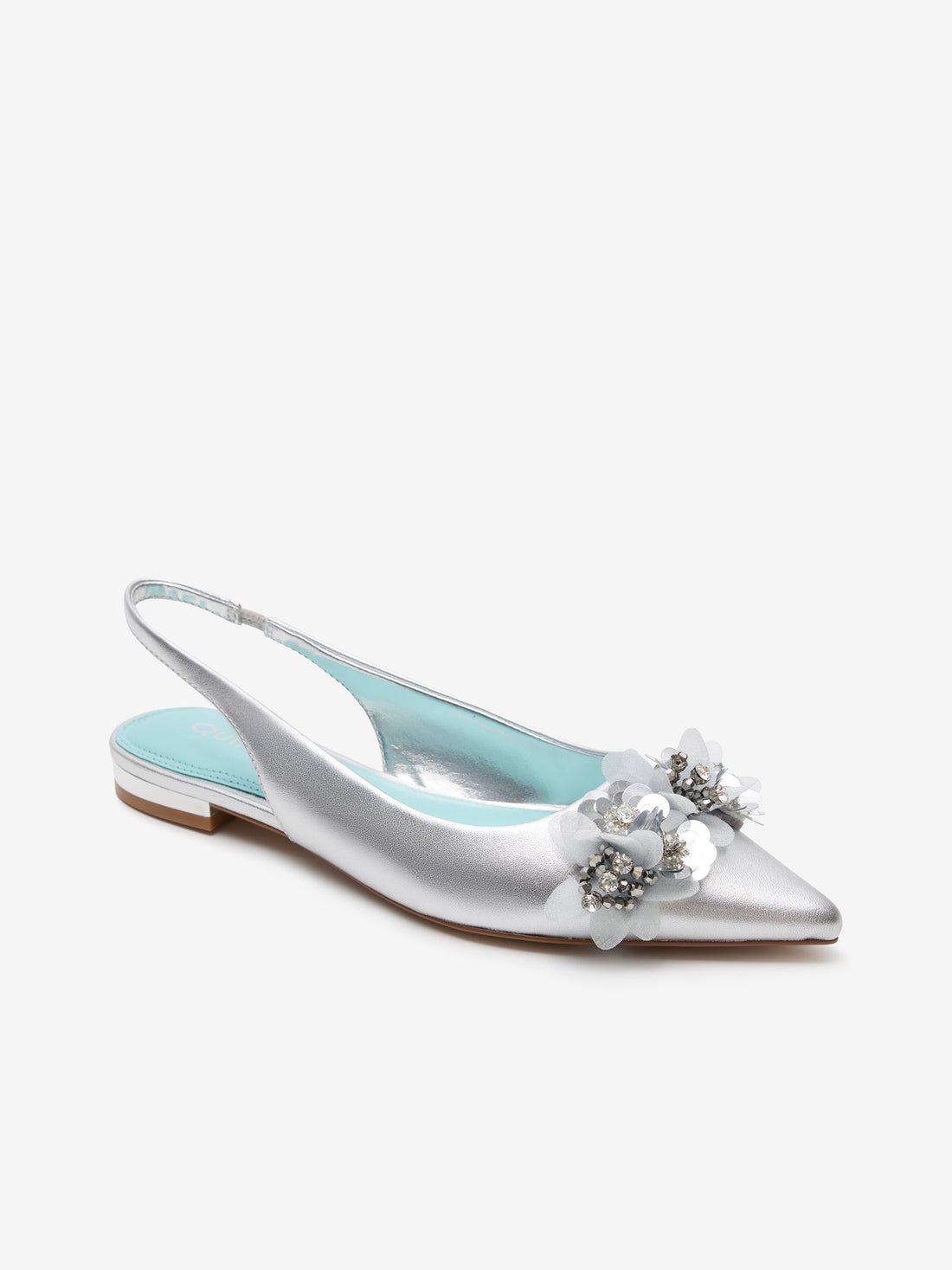 Silver Slingback Flats With Floral Detail